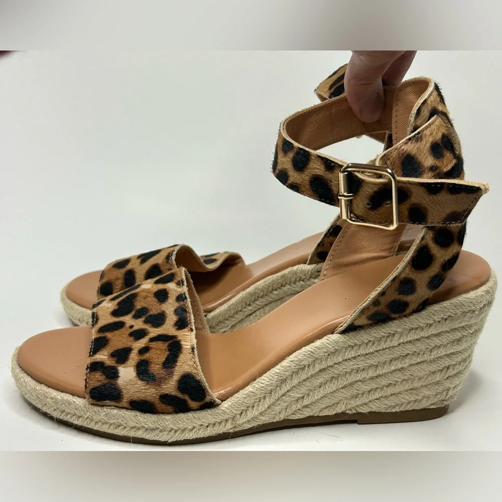 J.Crew Leopard Calf Hair Wedge Espadrille Open Toe Sandal Size 9